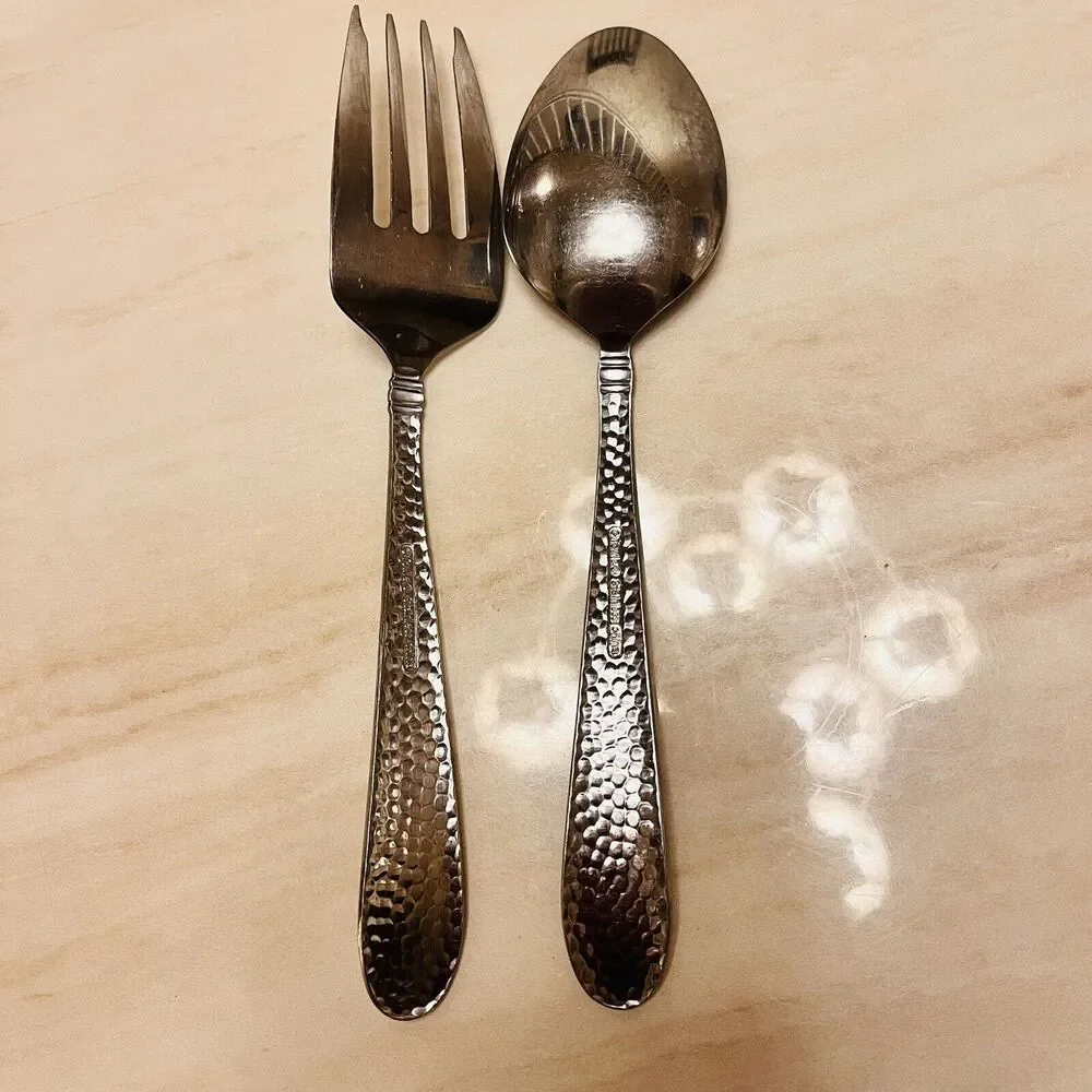 Set Of Towle Logan Hammered Stainless Serving Spoon & Serving Fork 8 3/4